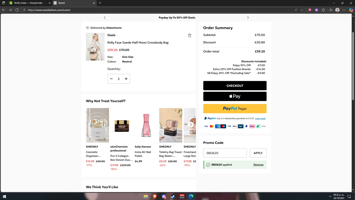 Oasis Clothing promo code screenshot showing code SBOA20 applied at Oasis Clothing checkout page. Uploaded by SimplyCodes community member Vipera on Oct 27, 2025
