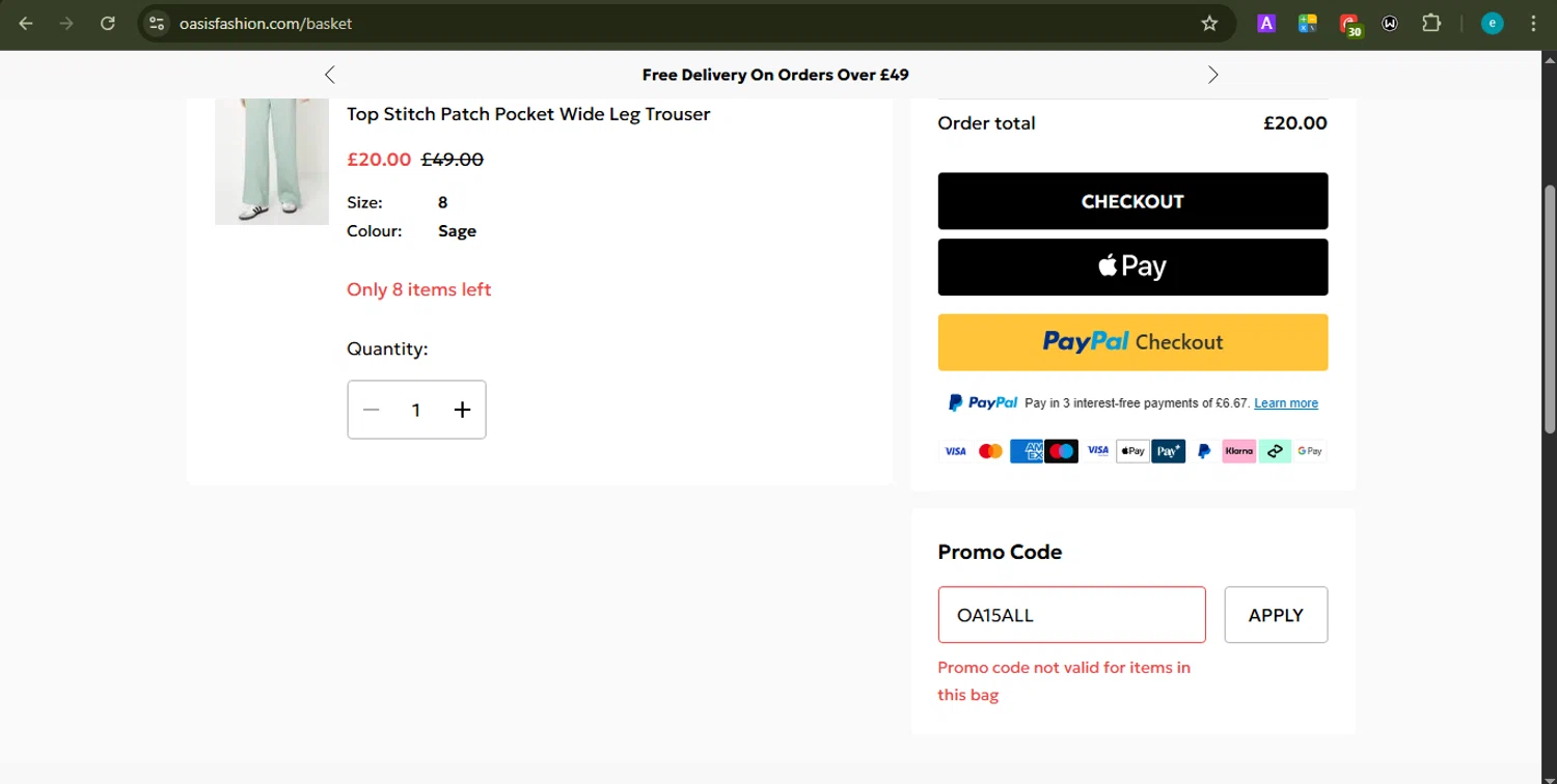 Oasis Clothing promo code screenshot showing code OA15ALL applied at Oasis Clothing checkout page. Uploaded by SimplyCodes community member LOVECOUPON on Dec 13, 2025