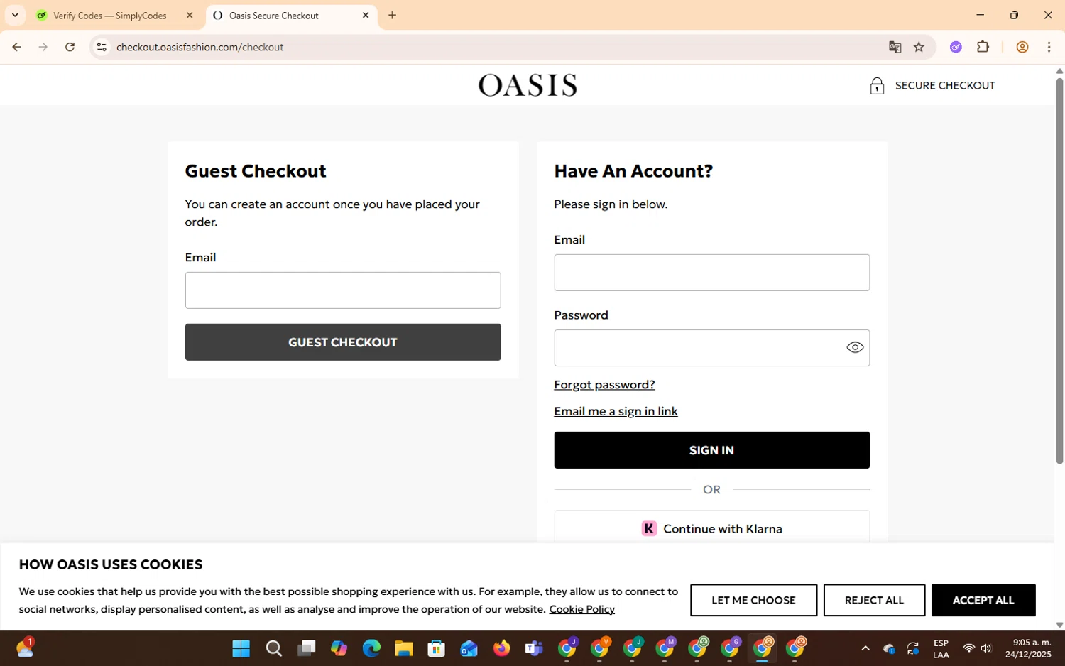 Oasis Clothing promo code screenshot showing code OA15ALL applied at Oasis Clothing checkout page. Uploaded by SimplyCodes community member OliverRodriguez21 on Dec 24, 2025
