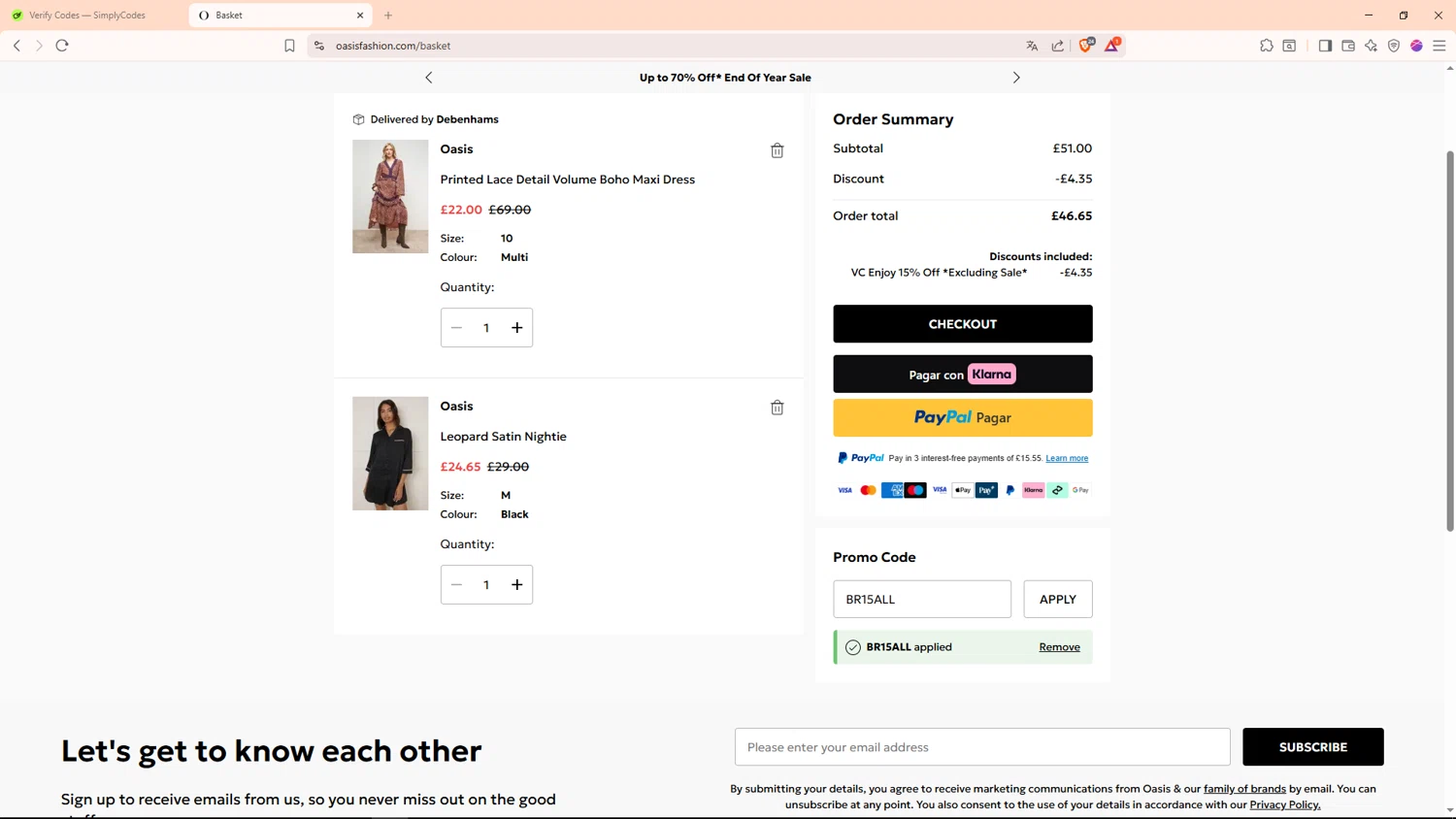 Oasis Clothing promo code screenshot showing code BR15ALL applied at Oasis Clothing checkout page. Uploaded by SimplyCodes community member Livingston on Dec 30, 2025