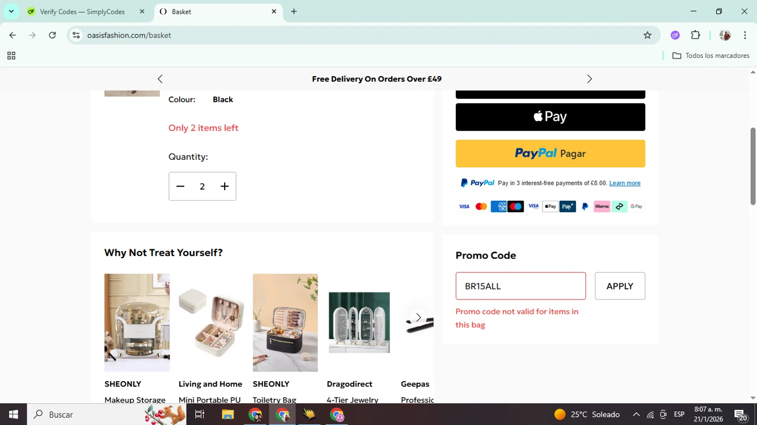 Oasis Clothing promo code screenshot showing code BR15ALL applied at Oasis Clothing checkout page. Uploaded by SimplyCodes community member Mujerdejunnior on Jan 21, 2026