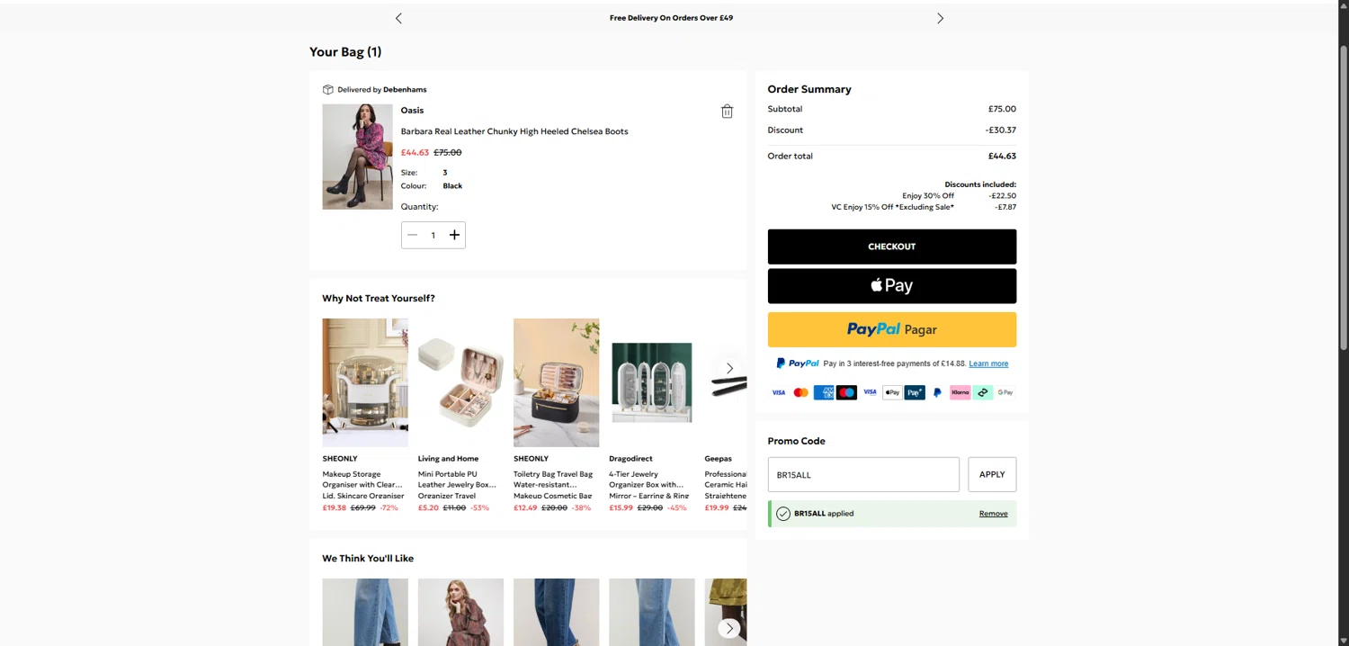 Oasis Clothing checkout page showing Oasis Clothing promo code box | Screenshot taken by SimplyCodes community member on Jan 21, 2026
