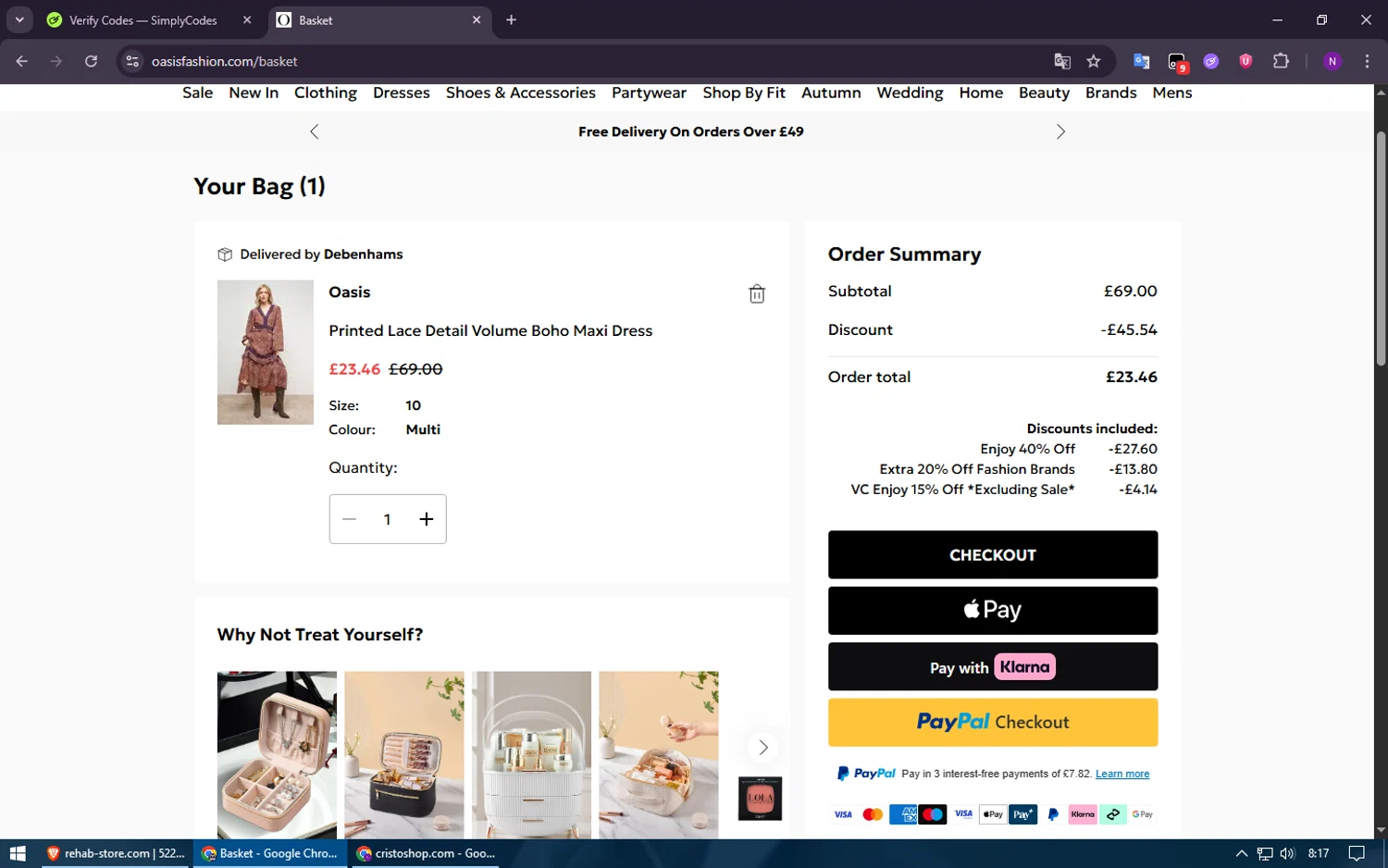 Oasis Clothing promo code screenshot showing code BR15ALL applied at Oasis Clothing checkout page. Uploaded by SimplyCodes community member Voucher200 on Nov 16, 2025