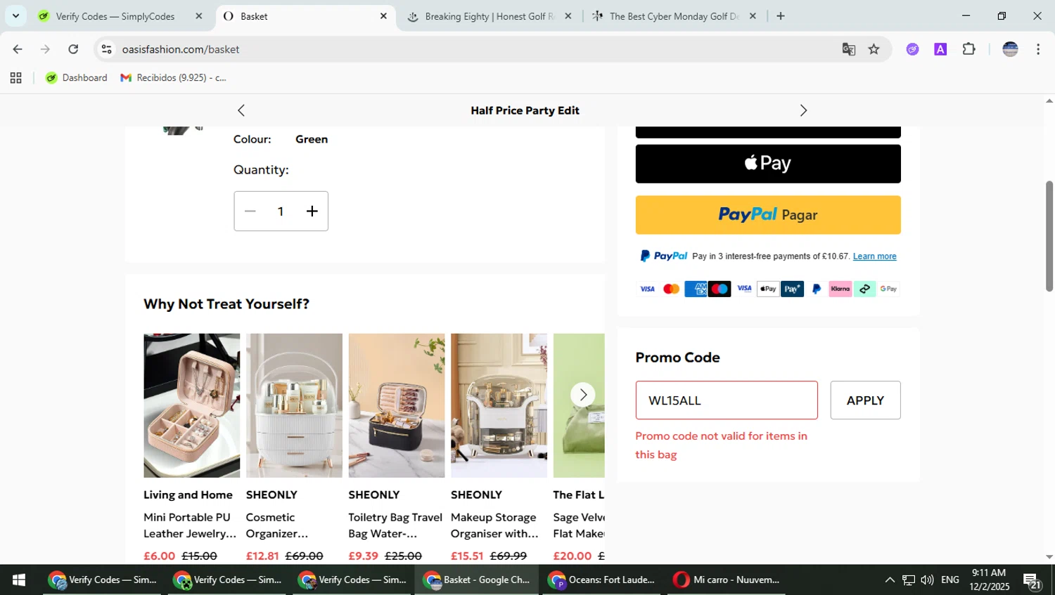 Oasis Clothing promo code screenshot showing code WL15ALL applied at Oasis Clothing checkout page. Uploaded by SimplyCodes community member TrevorPhilips on Dec 2, 2025