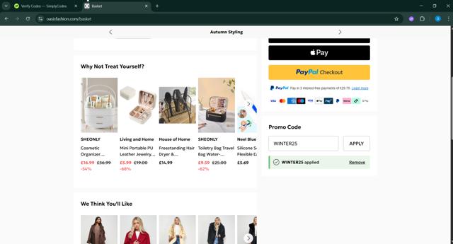 Oasis Clothing checkout page showing Oasis Clothing promo code box | Screenshot taken by SimplyCodes community member on Oct 1, 2025