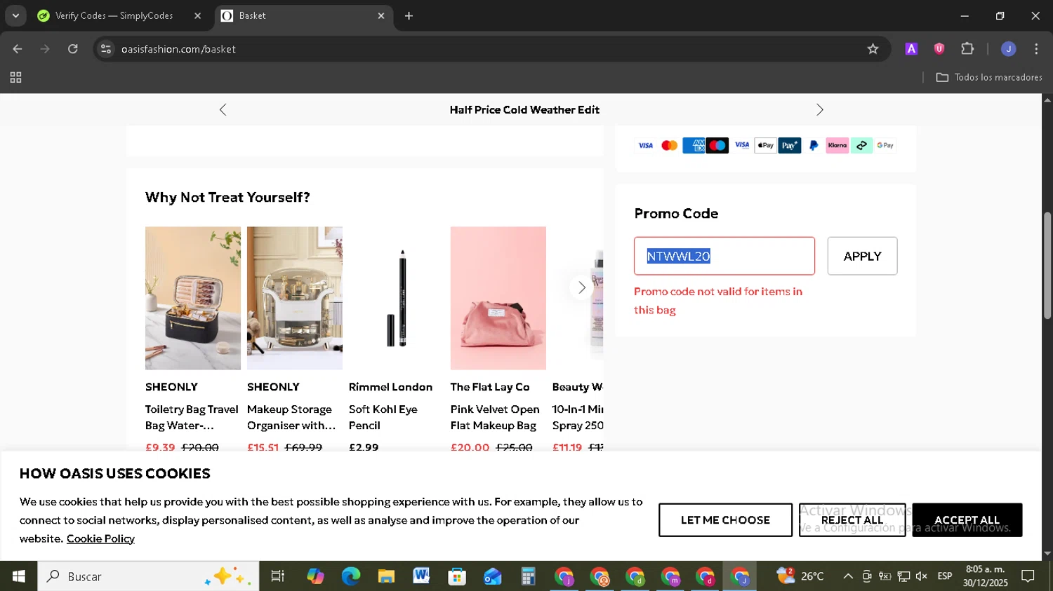 Oasis Clothing promo code screenshot showing code NTWWL20 applied at Oasis Clothing checkout page. Uploaded by SimplyCodes community member EpicSage3474 on Dec 30, 2025