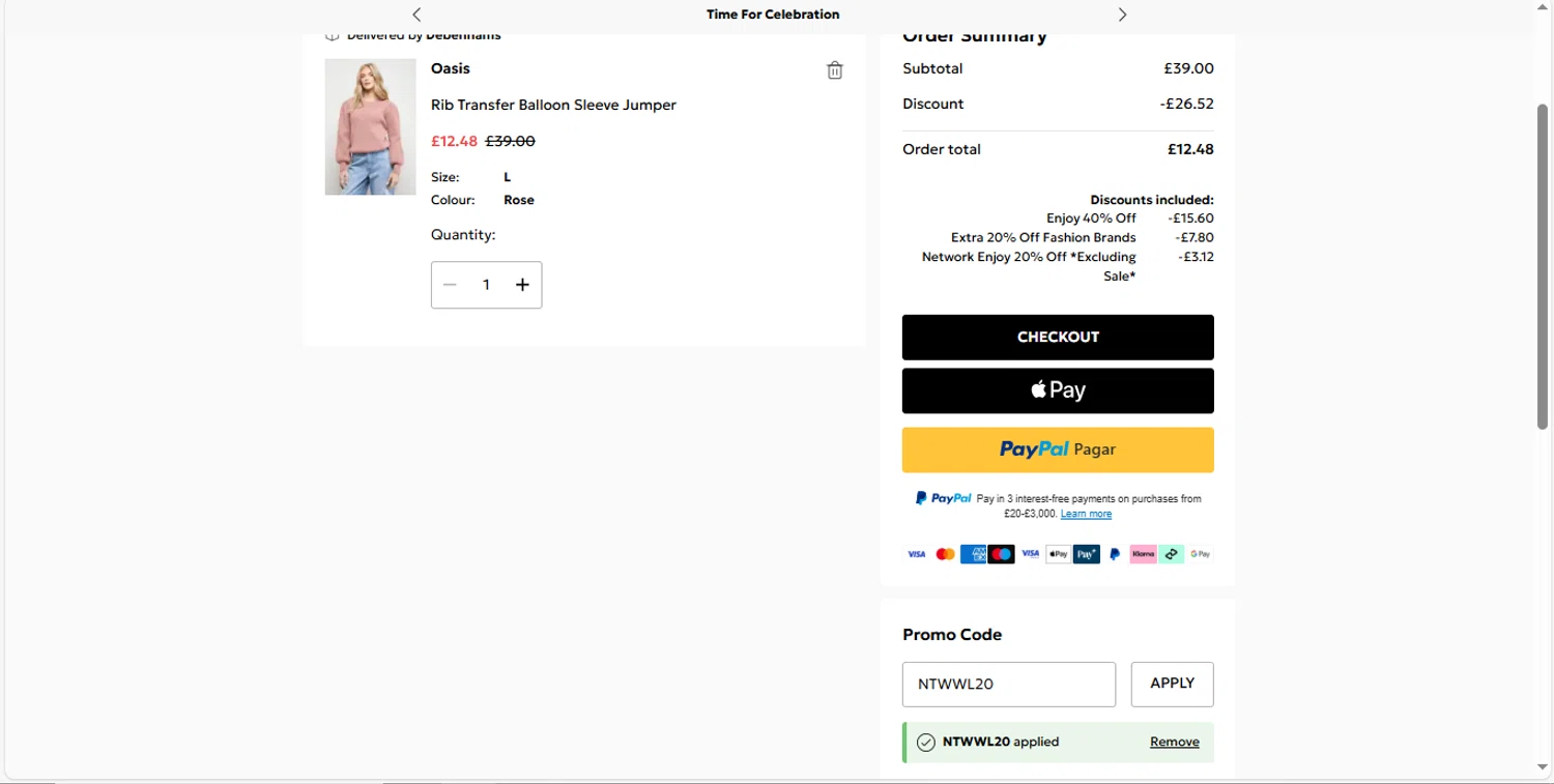 Oasis Clothing promo code screenshot showing code NTWWL20 applied at Oasis Clothing checkout page. Uploaded by SimplyCodes community member MagnificentVirtuoso8433 on Nov 16, 2025