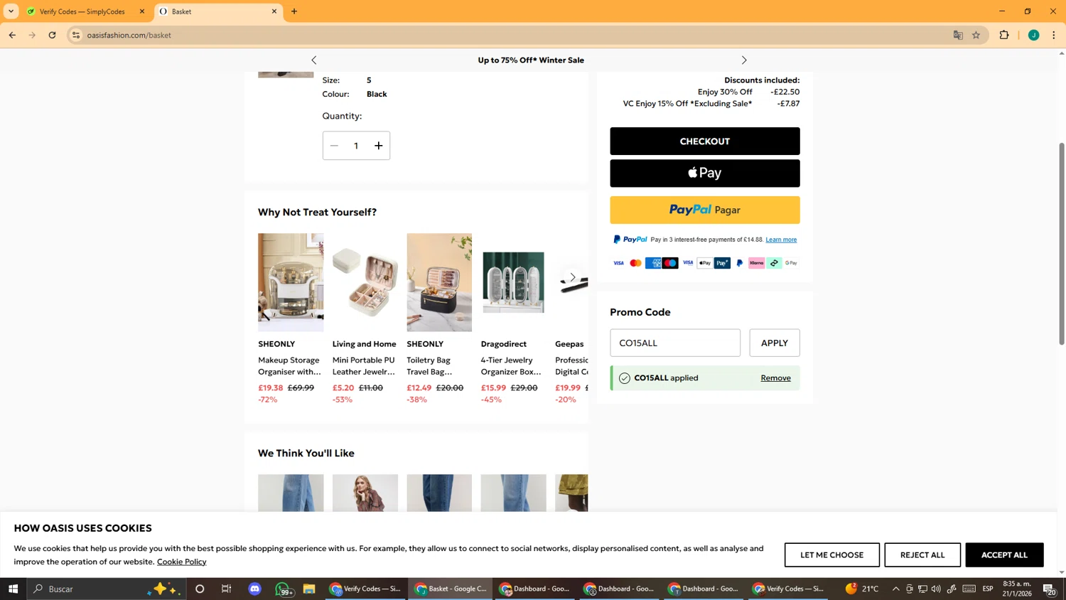 Oasis Clothing checkout page showing Oasis Clothing promo code box | Screenshot taken by SimplyCodes community member on Jan 21, 2026