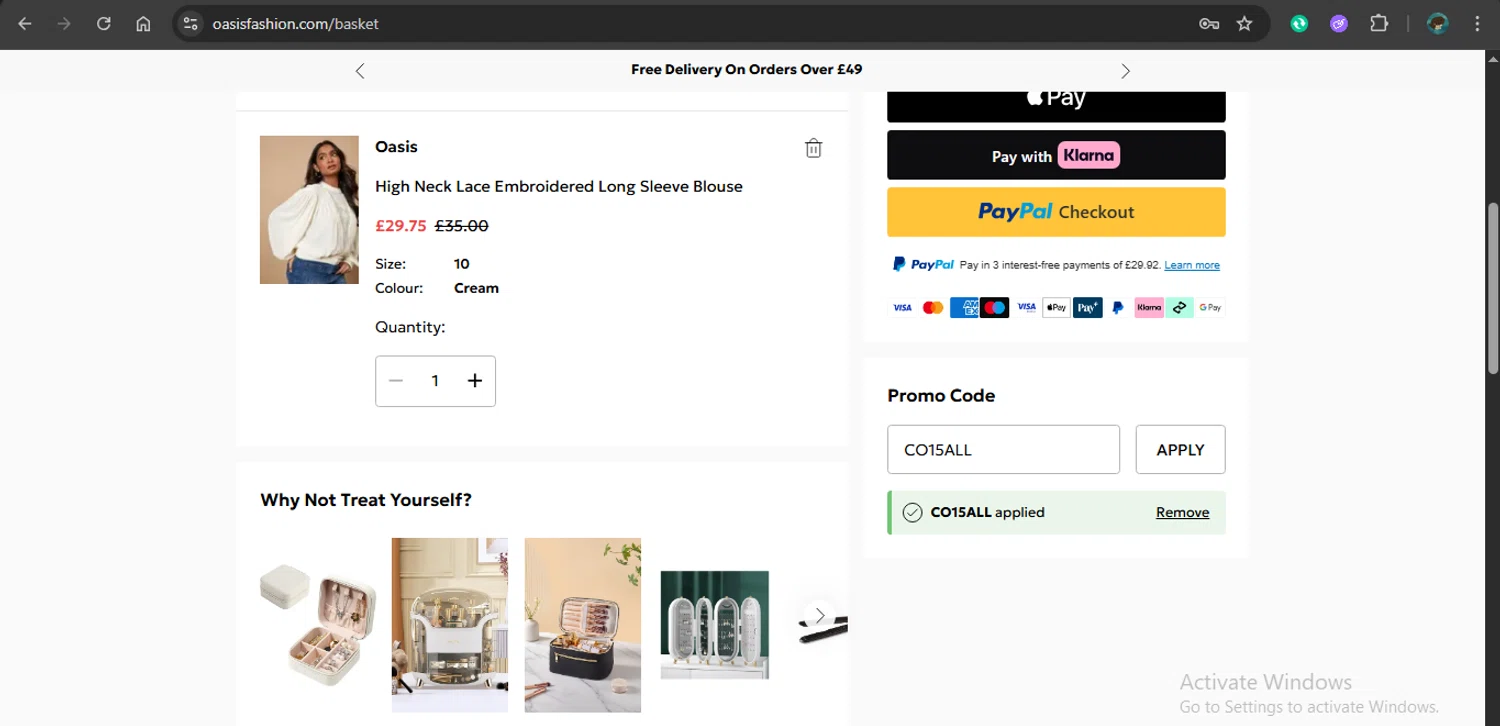 Oasis Clothing checkout page showing Oasis Clothing promo code box | Screenshot taken by SimplyCodes community member on Feb 1, 2026
