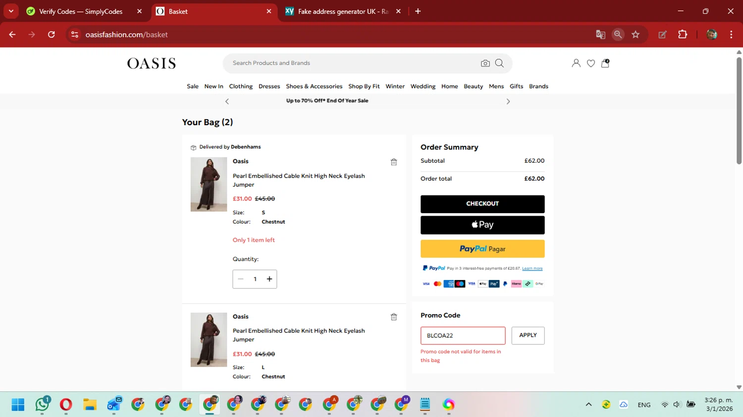 Oasis Clothing checkout page showing Oasis Clothing promo code box | Screenshot taken by SimplyCodes community member on Jan 3, 2026