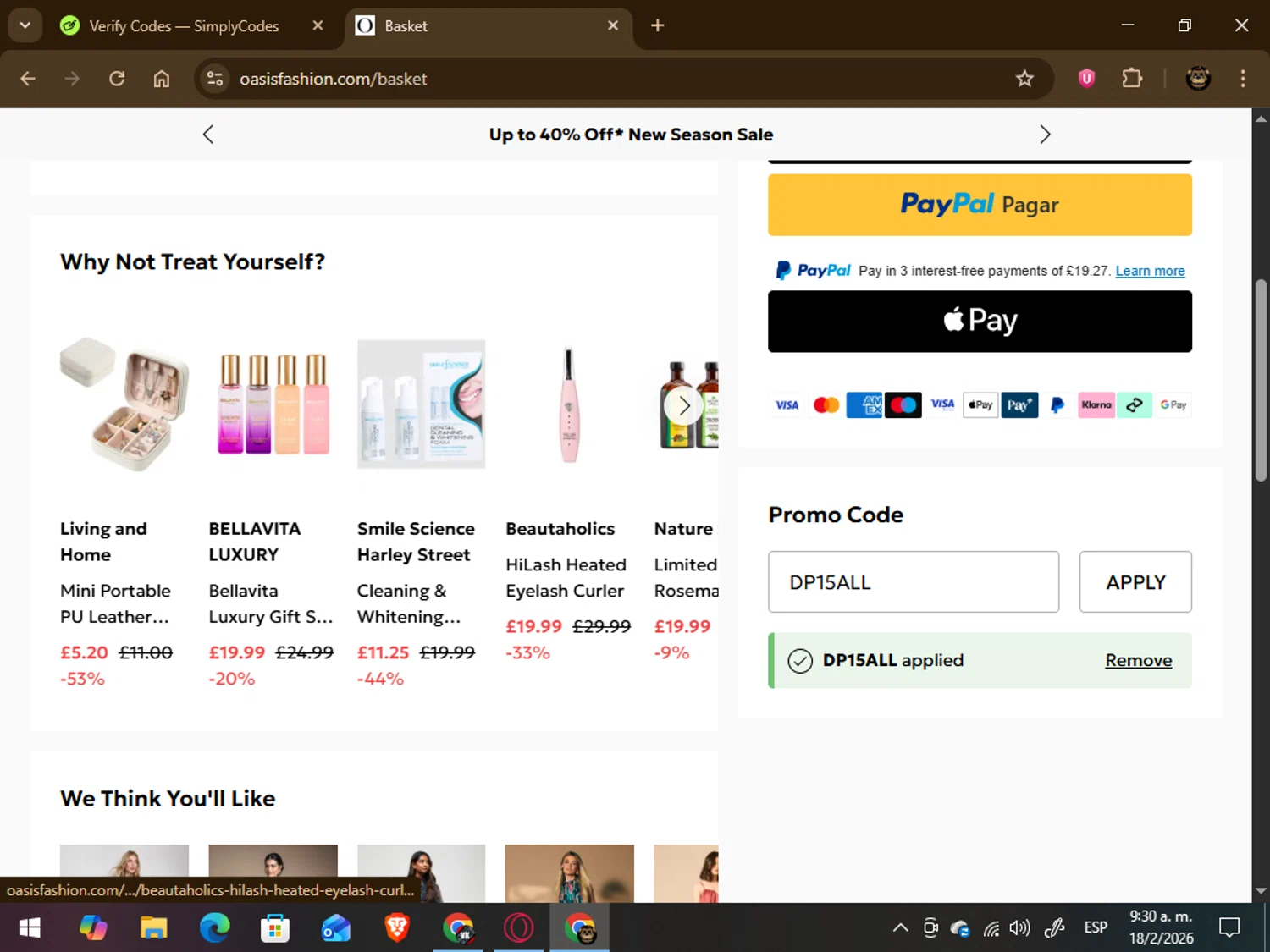 Oasis Clothing checkout page showing Oasis Clothing promo code box | Screenshot taken by SimplyCodes community member on Feb 18, 2026