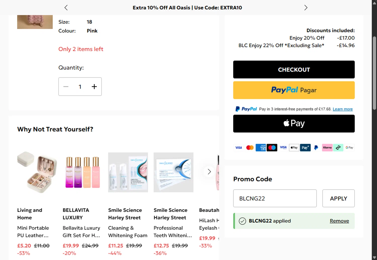 Oasis Clothing checkout page showing Oasis Clothing promo code box | Screenshot taken by SimplyCodes community member on Feb 20, 2026