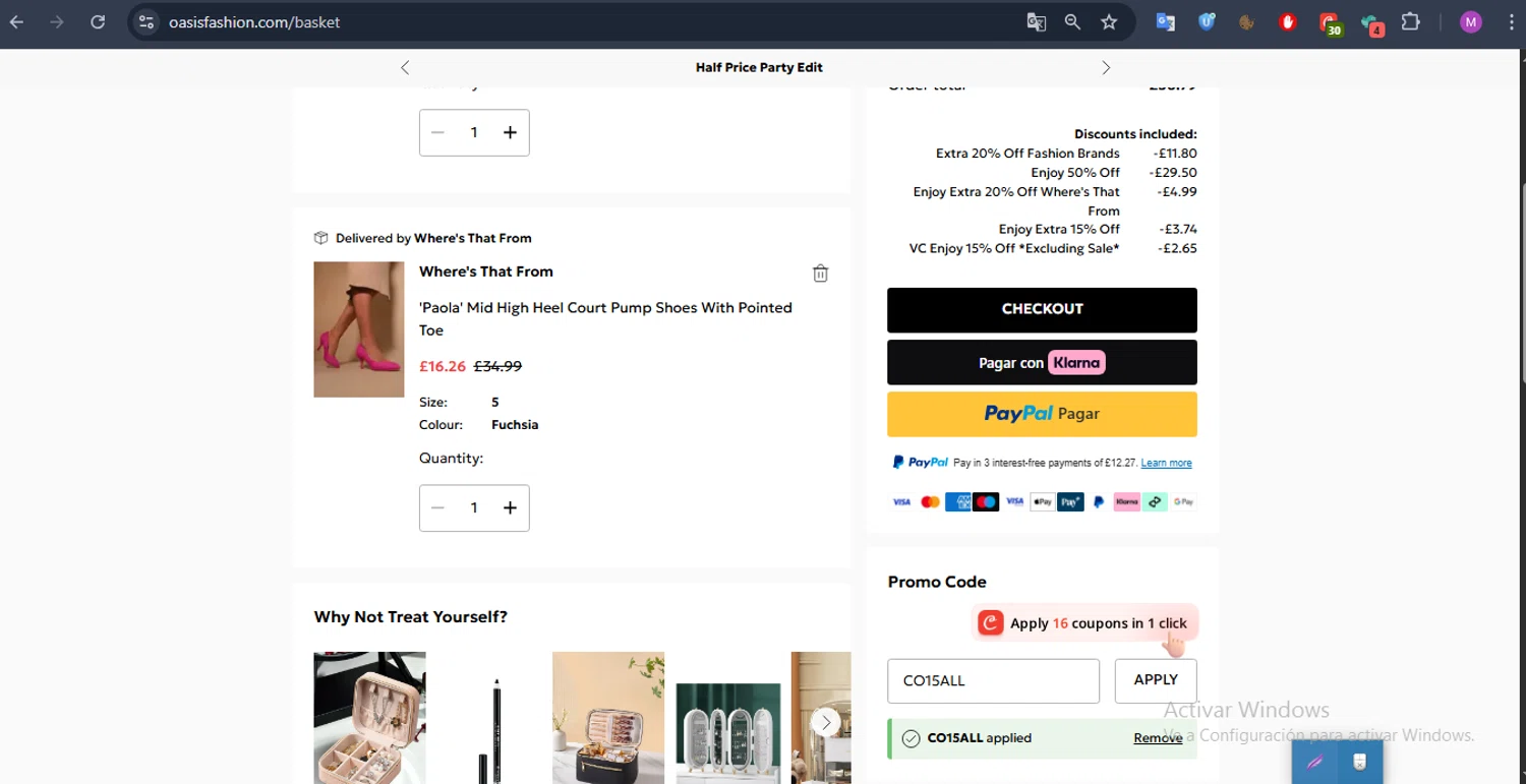 Oasis Clothing promo code screenshot showing code CO15ALL applied at Oasis Clothing checkout page. Uploaded by SimplyCodes community member CoinMaven895 on Dec 8, 2025