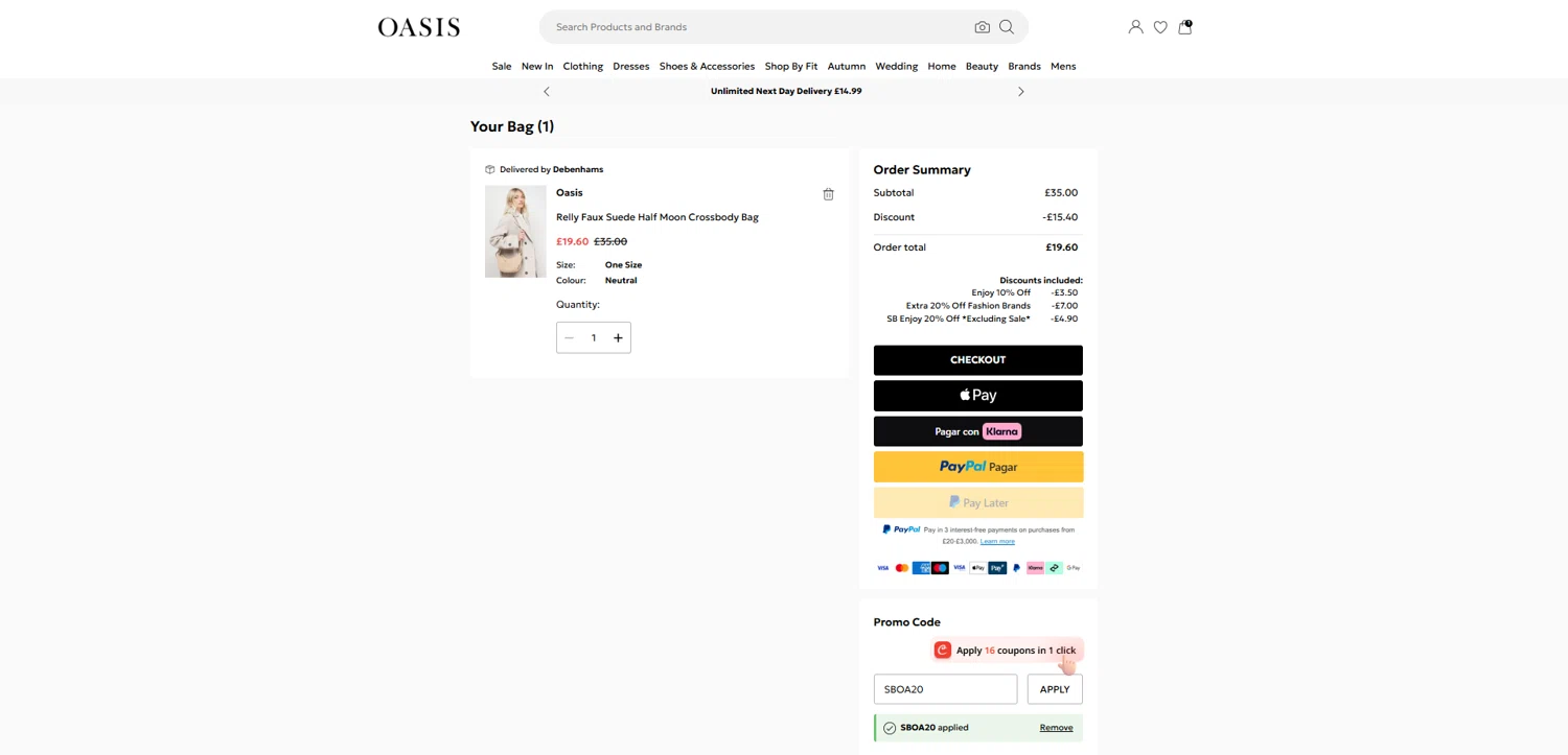 Oasis Clothing promo code screenshot showing code SBOA20 applied at Oasis Clothing checkout page. Uploaded by SimplyCodes community member Dorothy on Oct 27, 2025