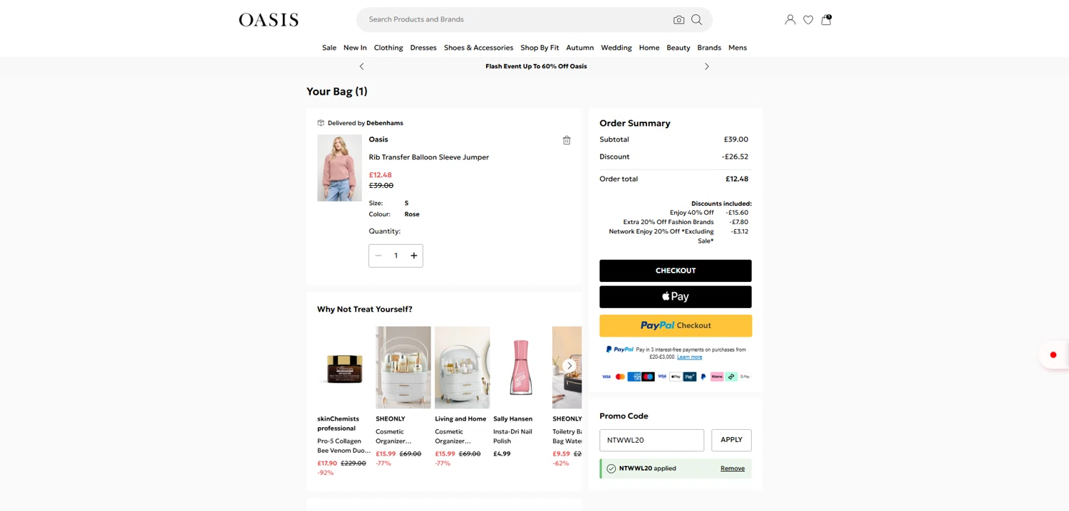 Oasis Clothing promo code screenshot showing code NTWWL20 applied at Oasis Clothing checkout page. Uploaded by SimplyCodes community member Dorothy on Oct 25, 2025