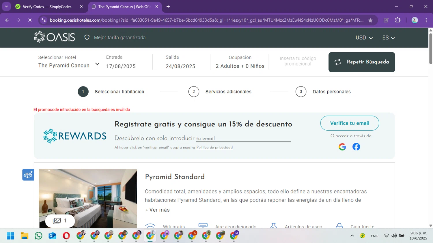 Oasis Hotels & Resorts promo code screenshot showing code HOTSALE25 applied at Oasis Hotels & Resorts checkout page. Uploaded by SimplyCodes community member Marielis on Aug 11, 2025