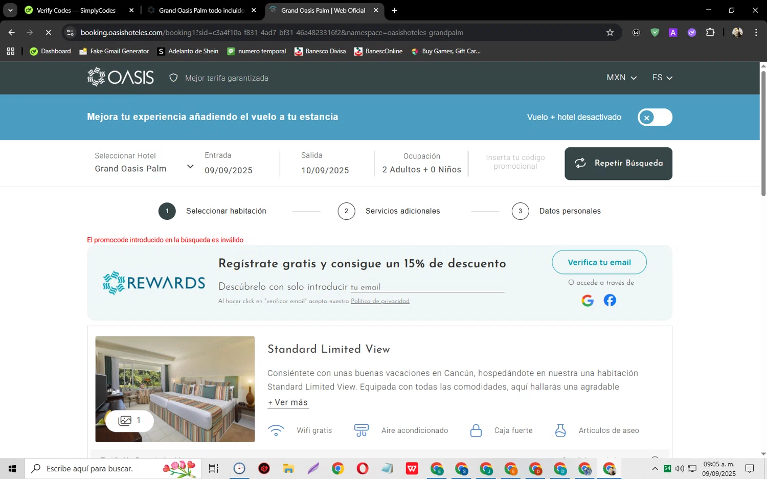 Oasis Hotels & Resorts promo code screenshot showing code HOTSALE25 applied at Oasis Hotels & Resorts checkout page. Uploaded by SimplyCodes community member jeysosmoore on Sep 9, 2025