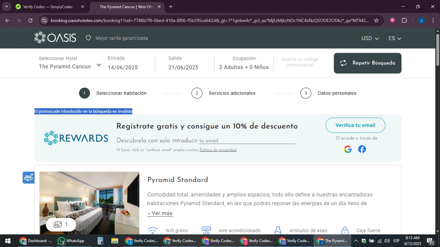 Oasis Hotels & Resorts promo code screenshot showing code HOTSALE25 applied at Oasis Hotels & Resorts checkout page. Uploaded by SimplyCodes community member noesmith34ur on Jun 13, 2025