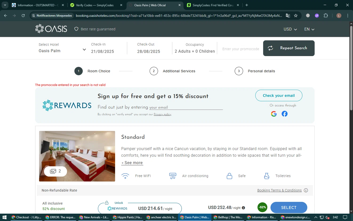 Oasis Hotels & Resorts promo code screenshot showing code OASIS2026 applied at Oasis Hotels & Resorts checkout page. Uploaded by SimplyCodes community member BrilliantTiger9986 on Aug 13, 2025