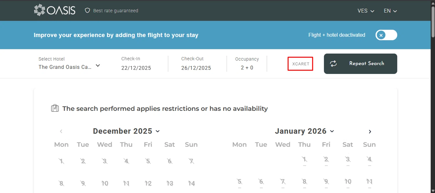 Oasis Hotels & Resorts promo code screenshot showing code XCARET applied at Oasis Hotels & Resorts checkout page. Uploaded by SimplyCodes community member noworries on Dec 19, 2025
