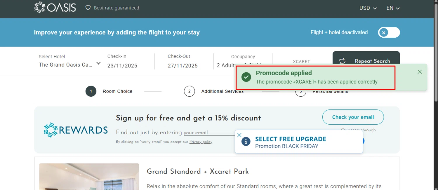Oasis Hotels & Resorts promo code screenshot showing code XCARET applied at Oasis Hotels & Resorts checkout page. Uploaded by SimplyCodes community member noworries on Nov 20, 2025