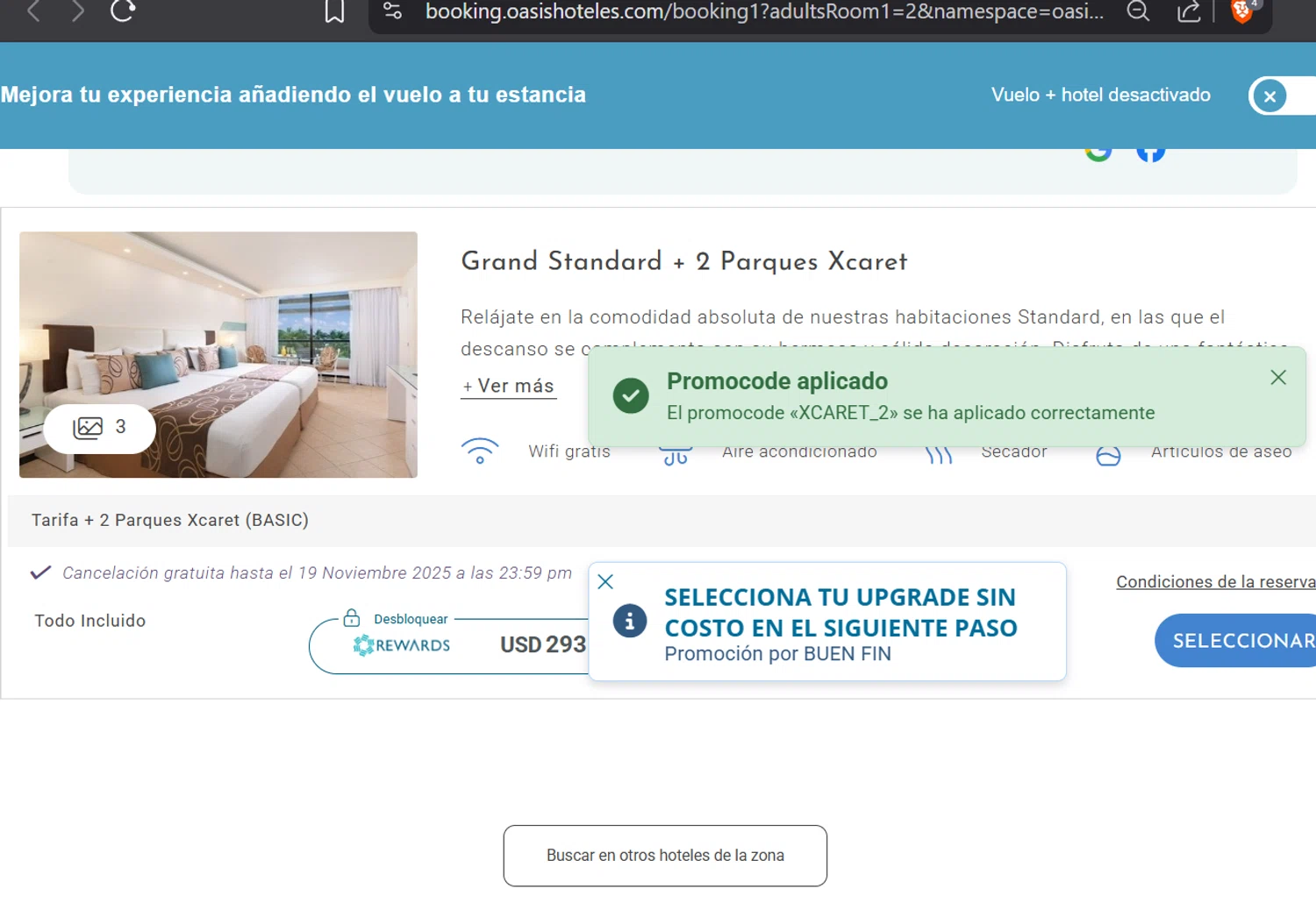 Oasis Hotels & Resorts promo code screenshot showing code XCARET_2 applied at Oasis Hotels & Resorts checkout page. Uploaded by SimplyCodes community member CashElite5536 on Nov 18, 2025