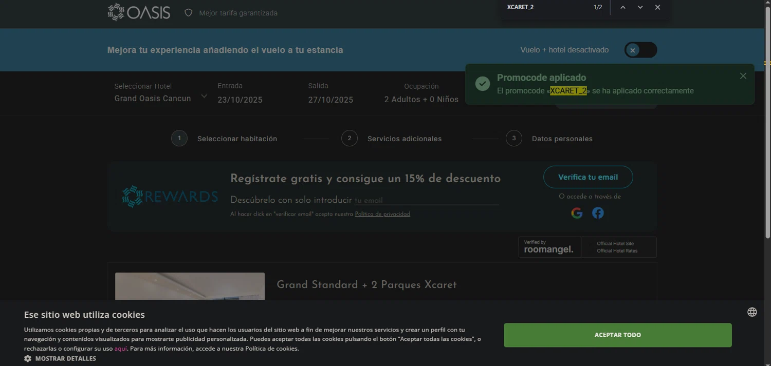Oasis Hotels & Resorts promo code screenshot showing code XCARET_2 applied at Oasis Hotels & Resorts checkout page. Uploaded by SimplyCodes community member Nor_man on Oct 20, 2025