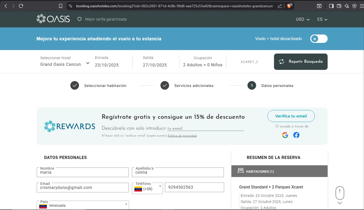 Oasis Hotels & Resorts promo code screenshot showing code XCARET_2 applied at Oasis Hotels & Resorts checkout page. Uploaded by SimplyCodes community member crischidy25 on Oct 20, 2025