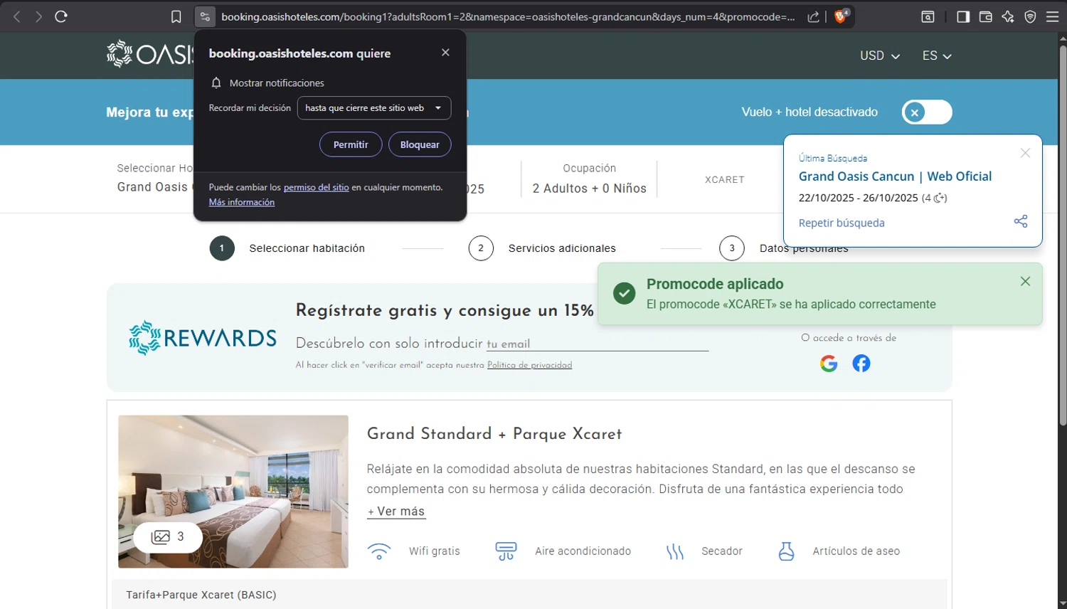 Oasis Hotels & Resorts promo code screenshot showing code XCARET applied at Oasis Hotels & Resorts checkout page. Uploaded by SimplyCodes community member crischidy25 on Oct 19, 2025