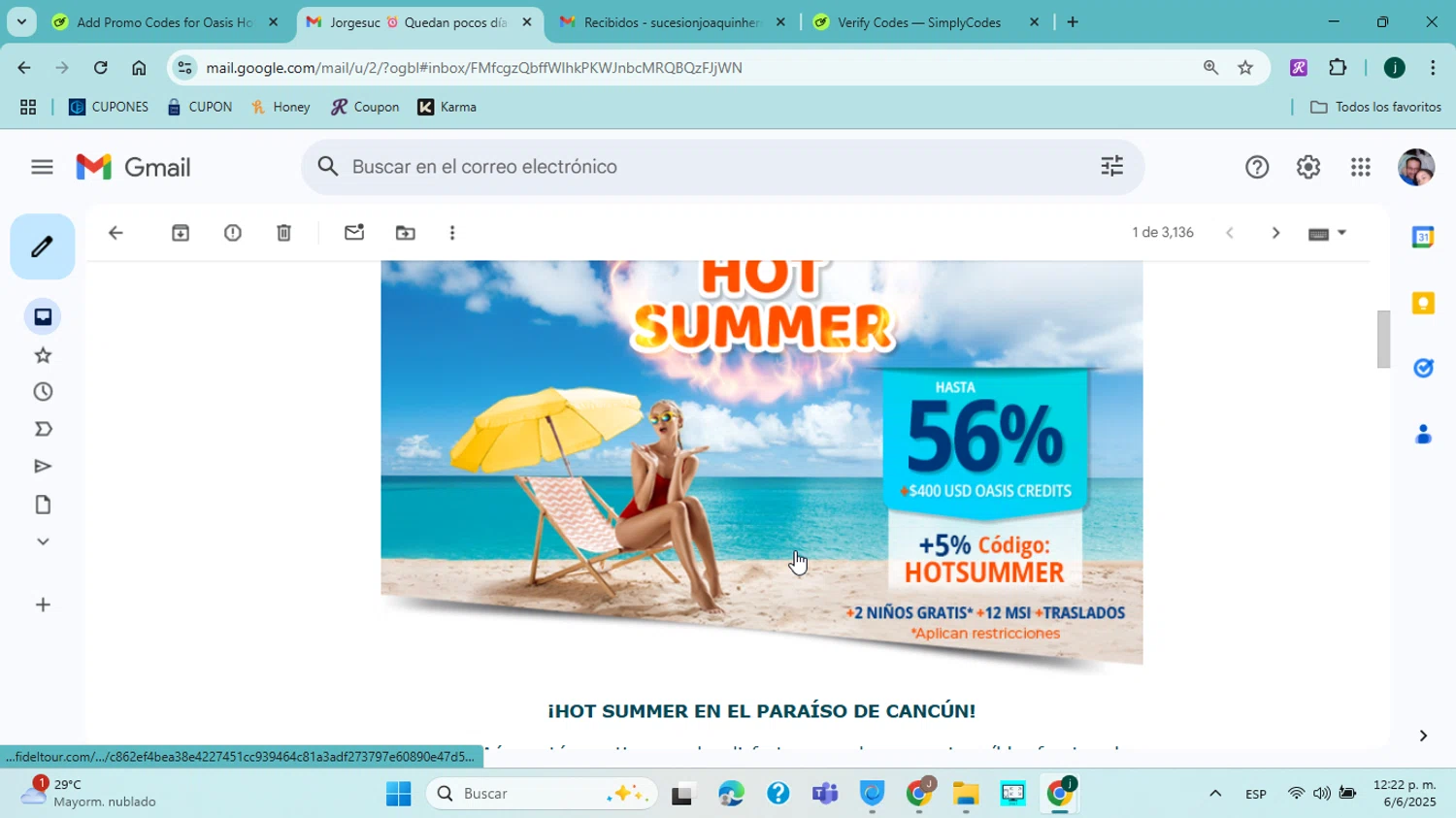 Oasis Hotels & Resorts promo code screenshot showing code HOTSUMMER applied at Oasis Hotels & Resorts checkout page. Uploaded by SimplyCodes community member jorgejavierherrera on Jun 6, 2025