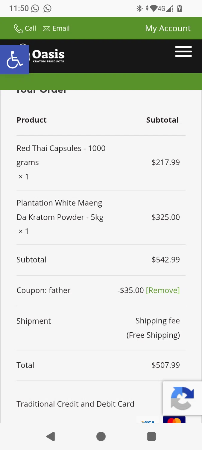 Oasis Kratom promo code screenshot showing code FATHER applied at Oasis Kratom checkout page. Uploaded by SimplyCodes community member carmenamandabritoser on Jun 15, 2026