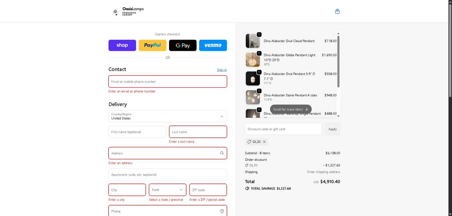 OasisLamps promo code screenshot showing code OL20 applied at OasisLamps checkout page. Uploaded by SimplyCodes community member PromoElite4745 on Feb 8, 2026