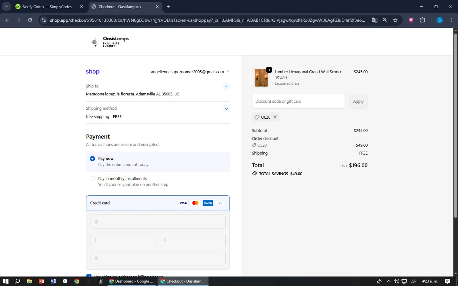 OasisLamps promo code screenshot showing code OL20 applied at OasisLamps checkout page. Uploaded by SimplyCodes community member bilijr on Dec 21, 2025