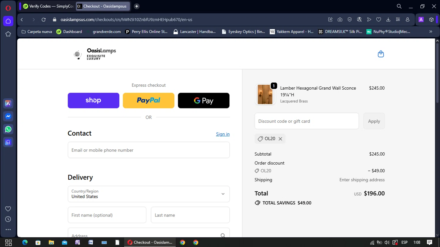 OasisLamps promo code screenshot showing code OL20 applied at OasisLamps checkout page. Uploaded by SimplyCodes community member yisusgamer on Nov 14, 2025