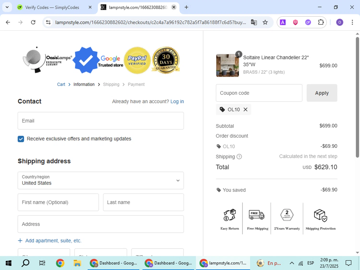 OasisLamps promo code screenshot showing code OL10 applied at OasisLamps checkout page. Uploaded by SimplyCodes community member BudgetHawk9503 on Jul 23, 2025