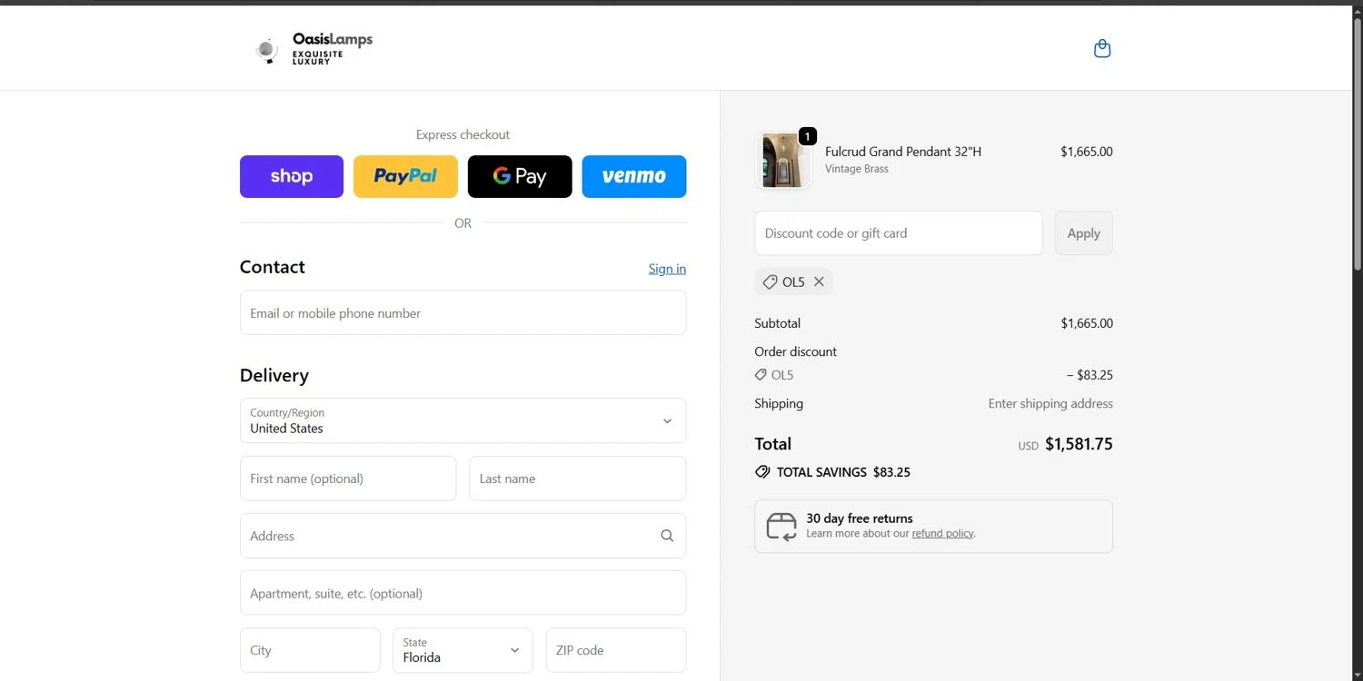 OasisLamps promo code screenshot showing code OL5 applied at OasisLamps checkout page. Uploaded by SimplyCodes community member Depressive on Sep 26, 2025