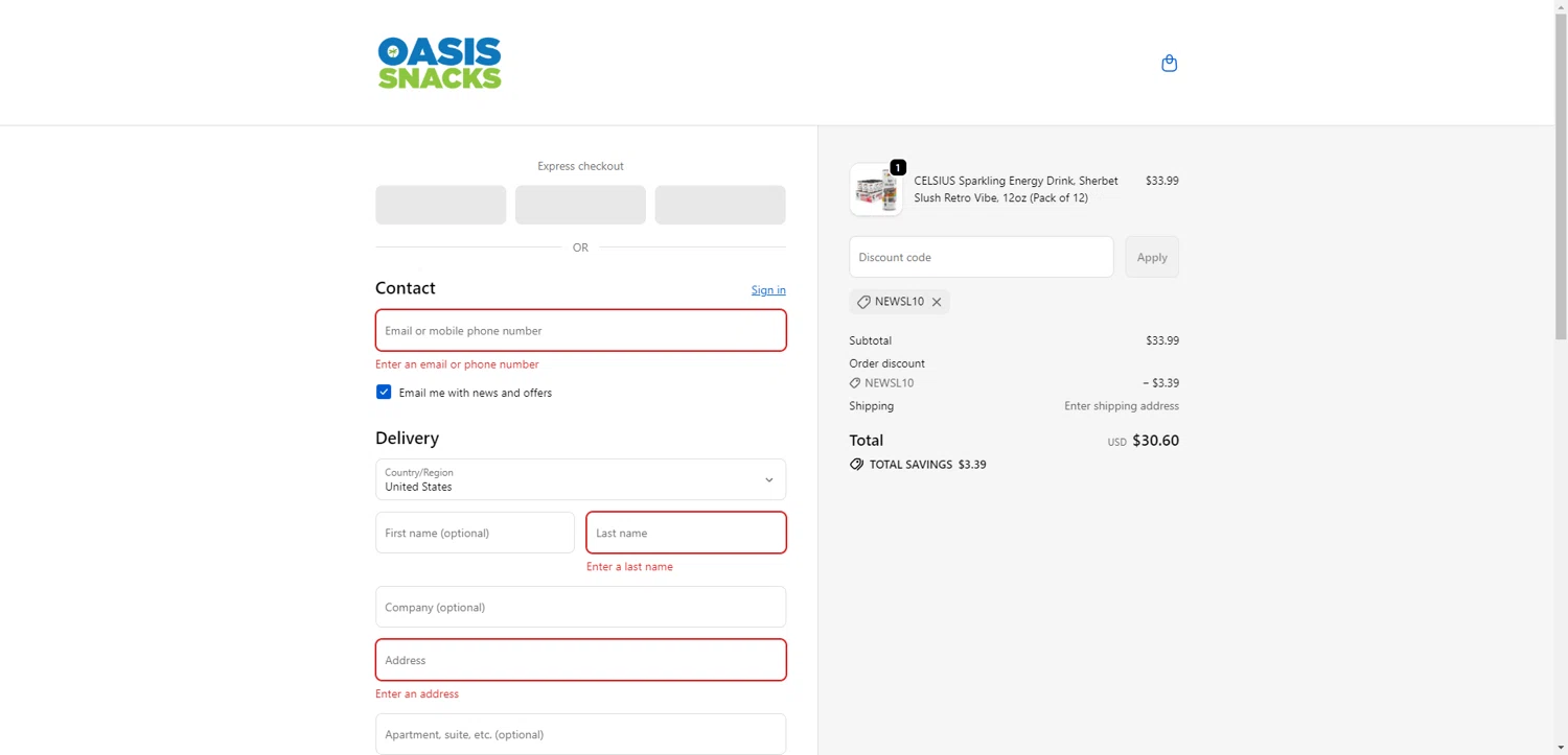 Oasis Snacks promo code screenshot showing code NEWSL10 applied at Oasis Snacks checkout page. Uploaded by SimplyCodes community member PromoSeeker7158 on Oct 11, 2025