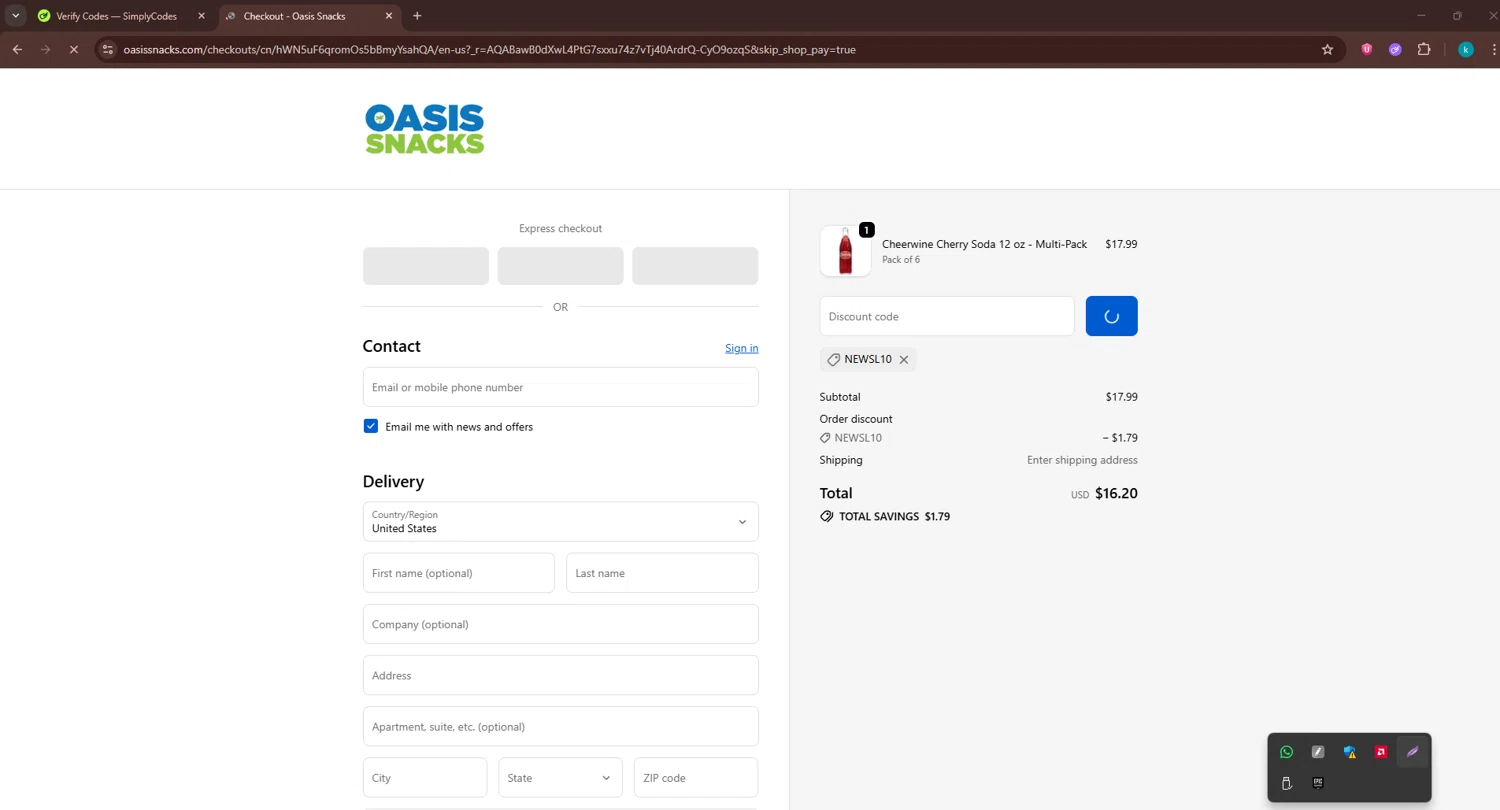 Oasis Snacks promo code screenshot showing code NEWSL10 applied at Oasis Snacks checkout page. Uploaded by SimplyCodes community member RewardKnight9989 on Nov 30, 2025
