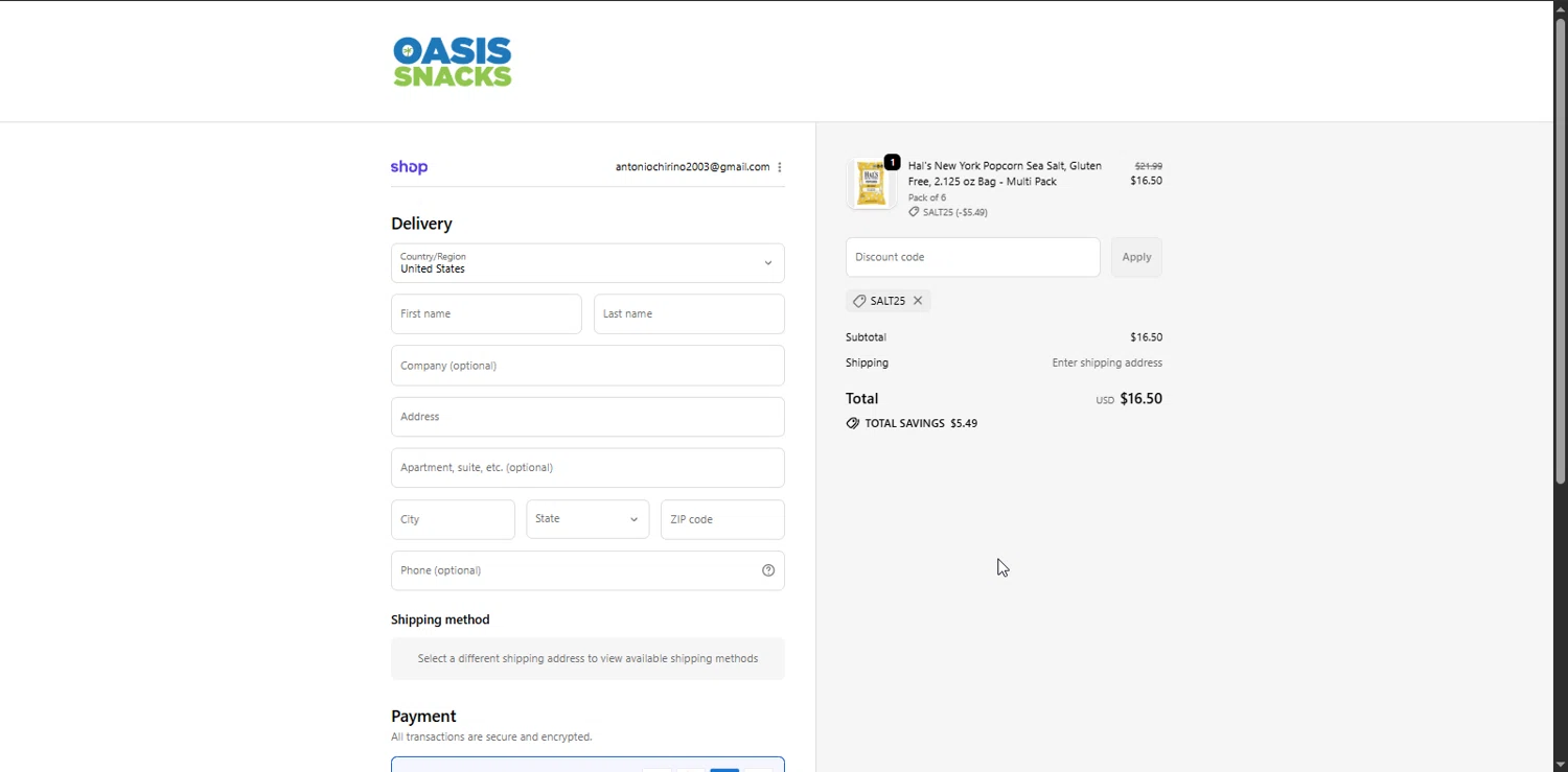 Oasis Snacks promo code screenshot showing code SALT25 applied at Oasis Snacks checkout page. Uploaded by SimplyCodes community member Heibk201 on Sep 21, 2025