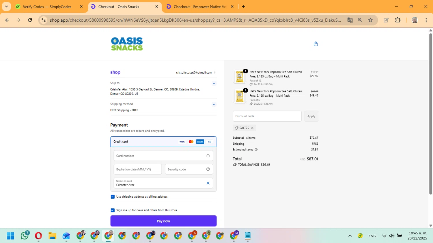 Oasis Snacks promo code screenshot showing code SALT25 applied at Oasis Snacks checkout page. Uploaded by SimplyCodes community member ManuelF on Dec 20, 2025