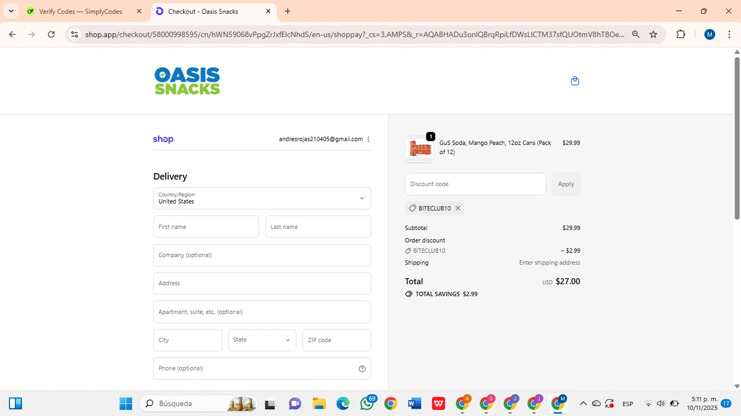 Oasis Snacks promo code screenshot showing code BITECLUB10 applied at Oasis Snacks checkout page. Uploaded by SimplyCodes community member BrilliantLion8135 on Nov 10, 2025