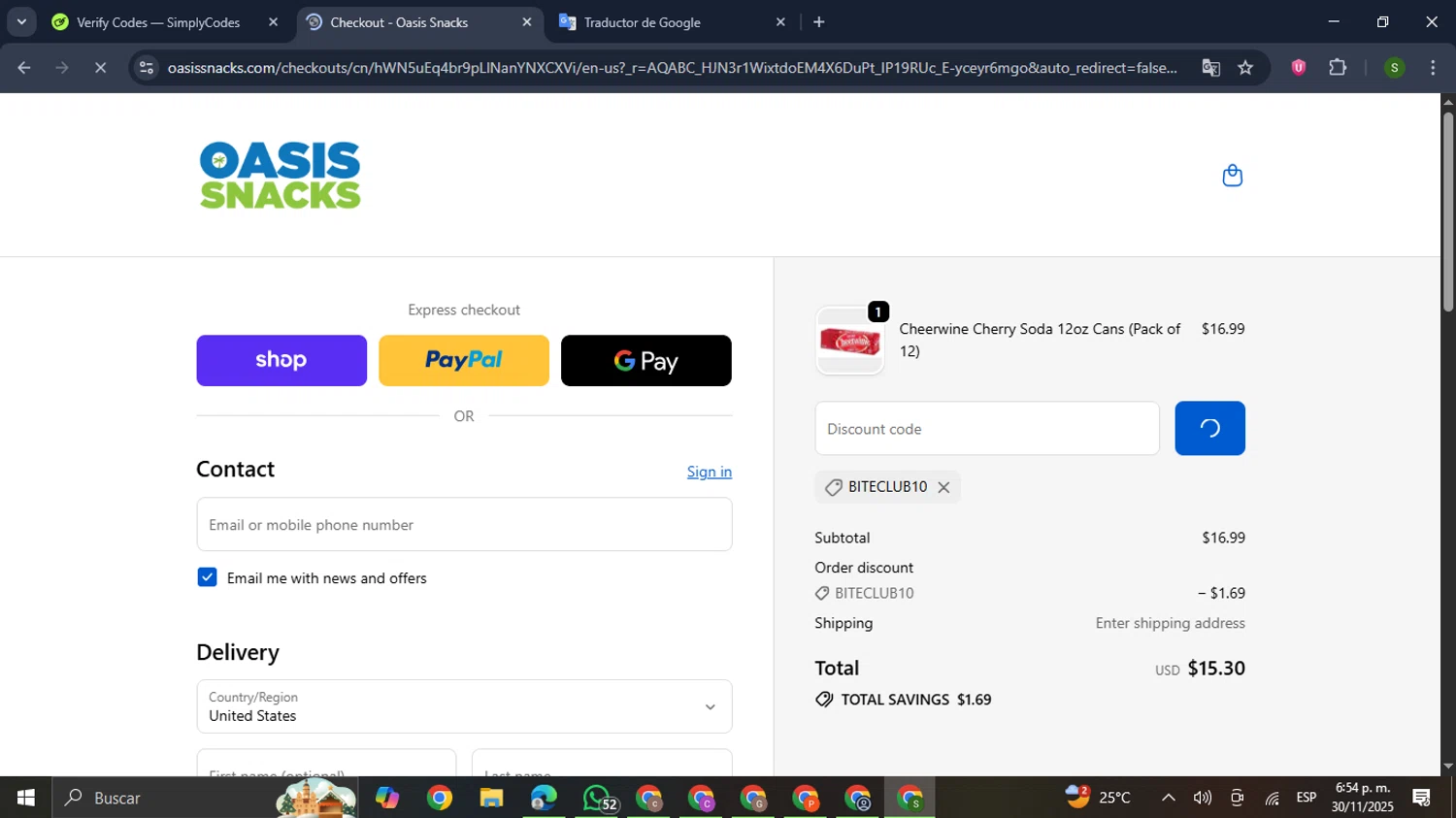 Oasis Snacks promo code screenshot showing code BITECLUB10 applied at Oasis Snacks checkout page. Uploaded by SimplyCodes community member RewardMaverick445 on Nov 30, 2025