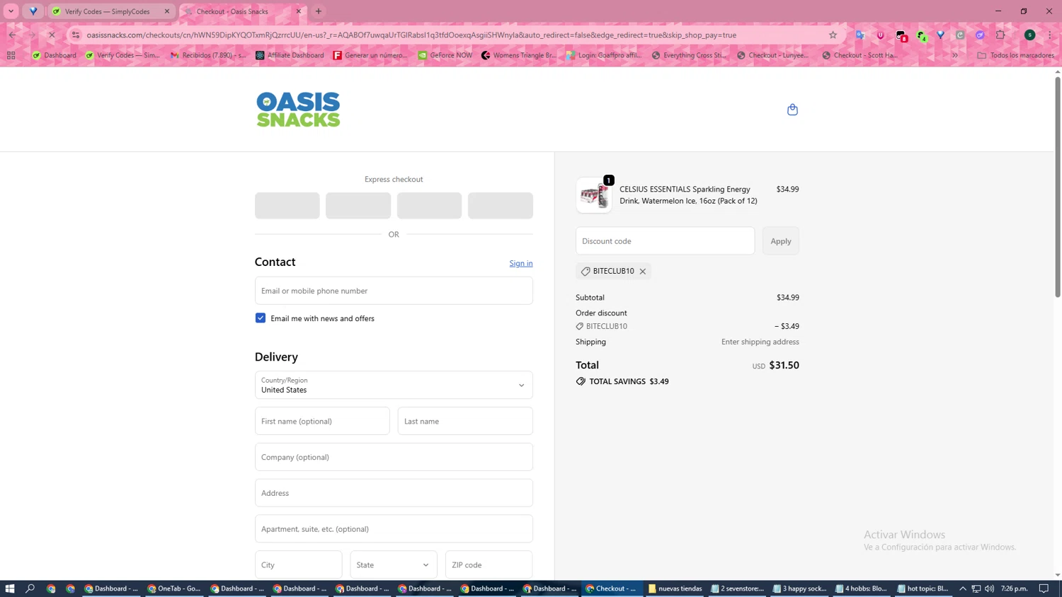 Oasis Snacks promo code screenshot showing code BITECLUB10 applied at Oasis Snacks checkout page. Uploaded by SimplyCodes community member Rosita on Nov 10, 2025