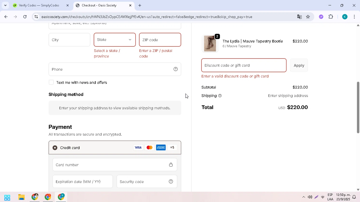 Oasis Society discount code screenshot showing code TASHMOPOLITANCOUTURE10 applied at Oasis Society checkout page. Uploaded by SimplyCodes community member CodeHunter9012 on Sep 23, 2025