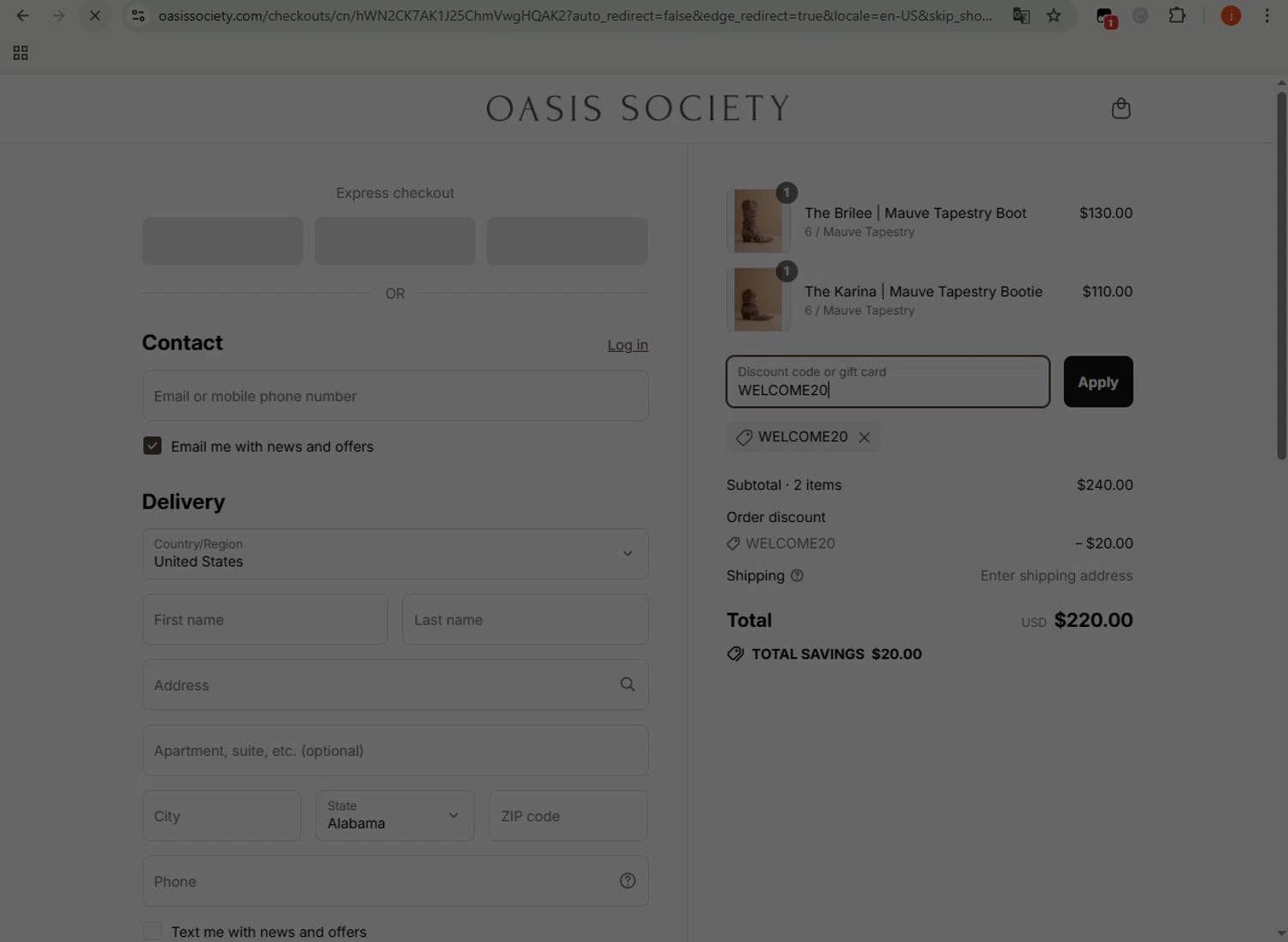 Oasis Society discount code screenshot showing code WELCOME20 applied at Oasis Society checkout page. Uploaded by SimplyCodes community member WonderSpotter5339 on Aug 25, 2025