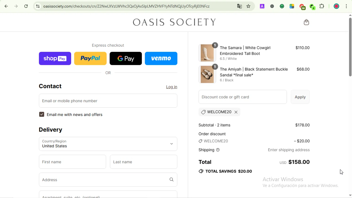 Oasis Society discount code screenshot showing code WELCOME20 applied at Oasis Society checkout page. Uploaded by SimplyCodes community member LOVECOUPON on Jul 7, 2025