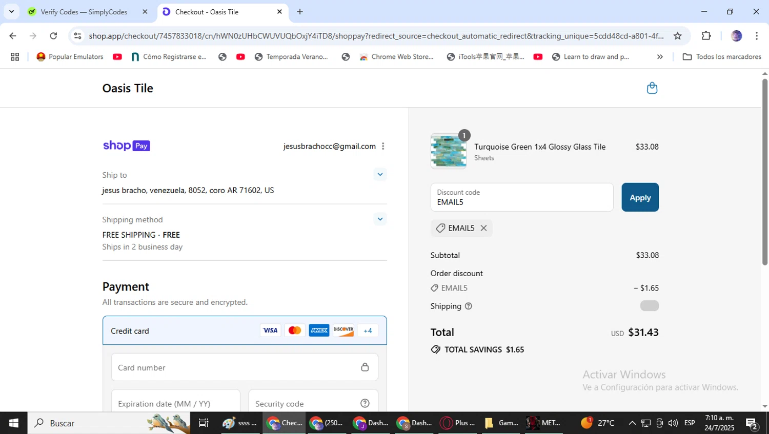 Oasis Tile discount code screenshot showing code EMAIL5 applied at Oasis Tile checkout page. Uploaded by SimplyCodes community member DealLynx6506 on Jul 24, 2025