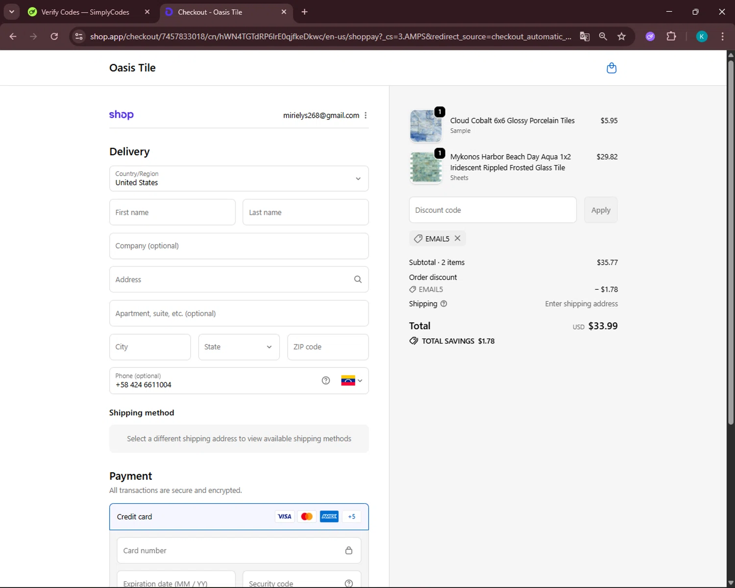 Oasis Tile discount code screenshot showing code EMAIL5 applied at Oasis Tile checkout page. Uploaded by SimplyCodes community member VoucherSleuth3236 on Oct 24, 2025