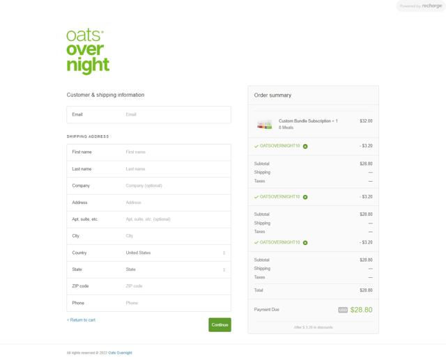 Oats Overnight checkout page showing Oats Overnight discount code box | Screenshot taken by SimplyCodes community member on Jun 13, 2022