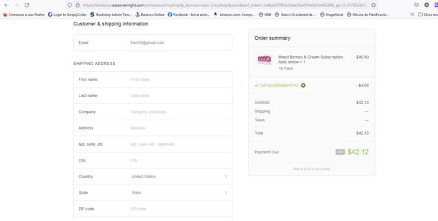 Oats Overnight checkout page showing Oats Overnight discount code box | Screenshot taken by SimplyCodes community member on Jan 24, 2022